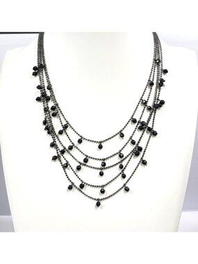 Premier Designs Gunmetal Silver Multi-Strand Necklace Black Glass Beads 15" + 2"